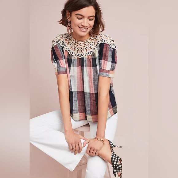 Anthropologie Tops - Anthropologie Pink and Black Puff Sleeve Blouse with Bib Collar